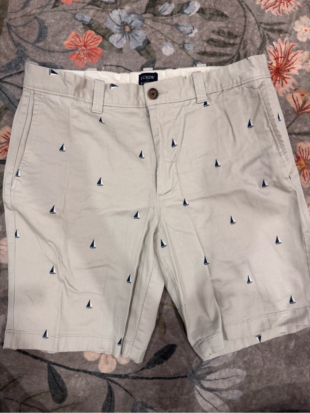 J. Crew Men’s Light Khaki Chino Shorts with Navy Sailboat Embroidery